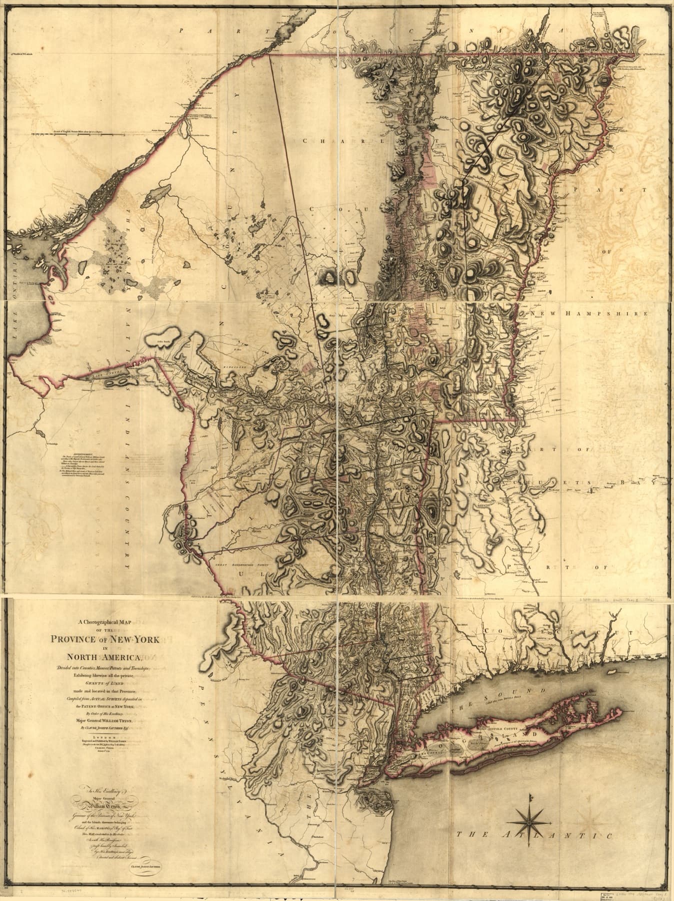 Eine Karte der kolonialen Provinz New York von 1779, mit ganz Long Island, die Grafschaften, Herrenhäuser, Patente, Townships und private Landvergaben zeigt.