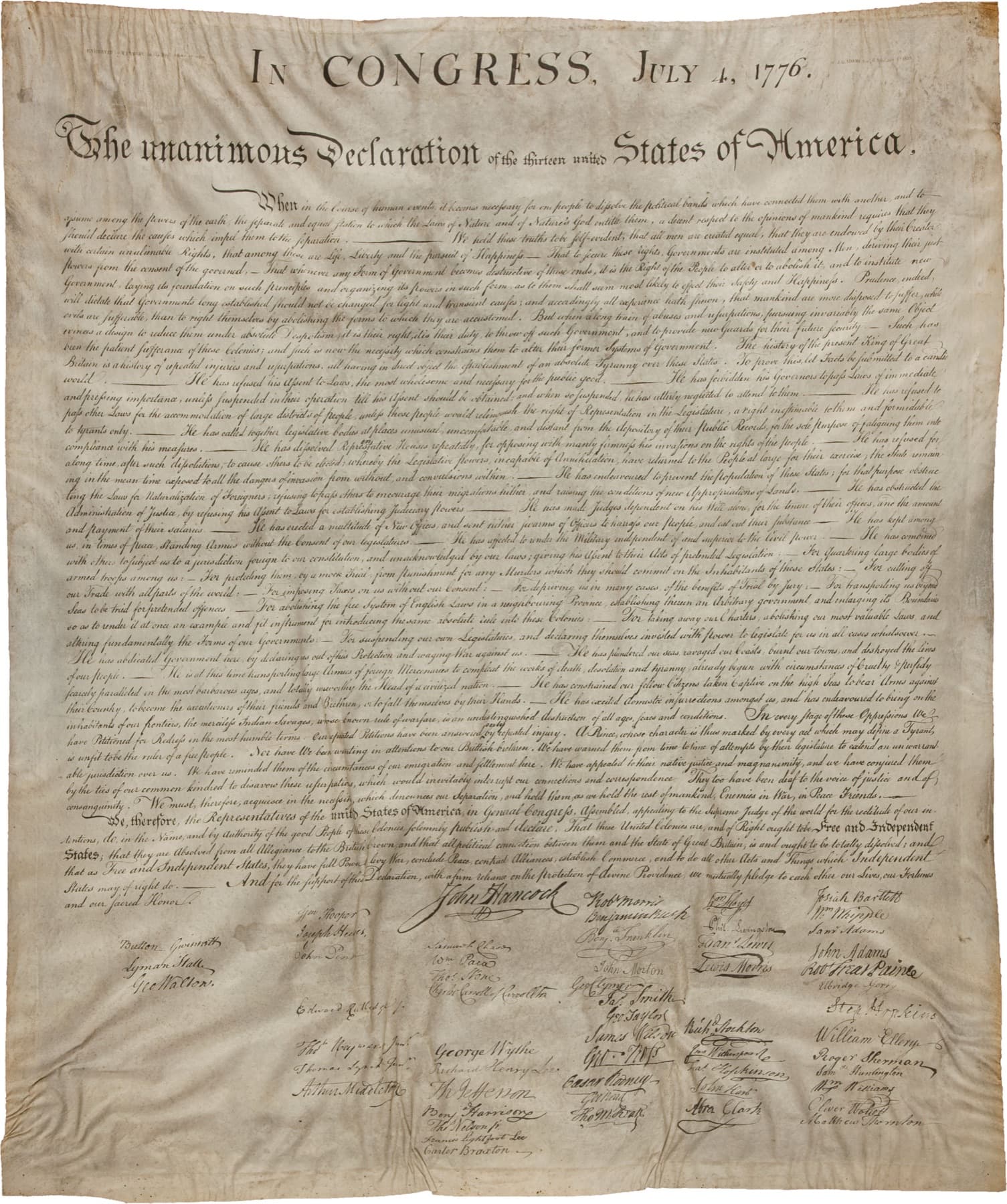 Das 1823 von William Stone gestochene Faksimile der Unabhängigkeitserklärung der Vereinigten Staaten von 1776, mit ihrem Text und den Unterschriften.